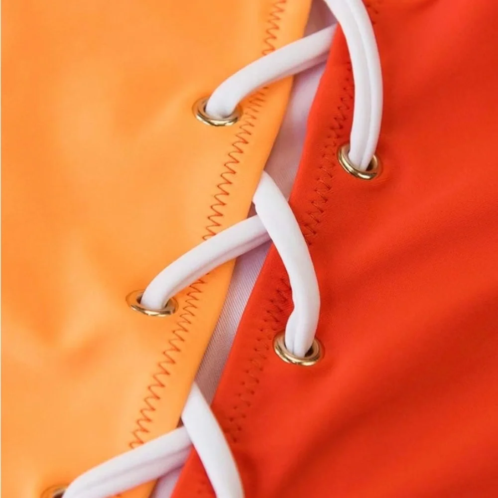 Colorblock One Shoulder Lace Up One Piece Monokini Swimsuit Size L